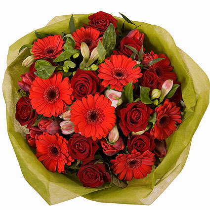 Flower delivery on birthday, Roses, gerberas, tulips in red tones, send this gorgeous bouquet