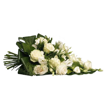 Flower delivery Latvia. Funeral bouquet of white roses, white lisianthus and decorative foliage.