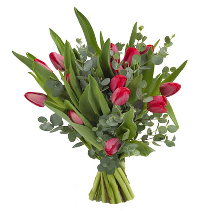 Ziedi ar kurjeru, Pušķī 15 sarkanas tulpes un dekoratīvs eikalipts, ziedu veikalā 
ziedu klāsts ir ļoti plašs