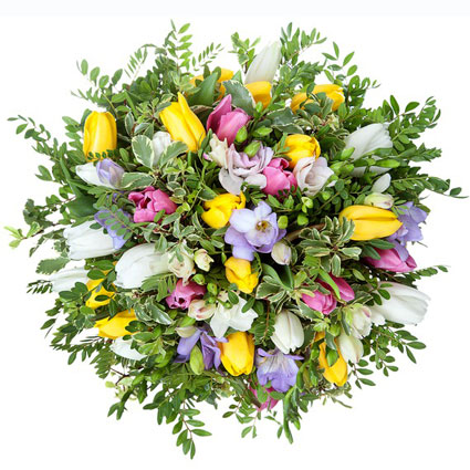 Flower bouquet of yellow, pink, white tulips, white, blue freesias and decorative seasonal foliage.