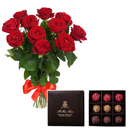 Pušķis no 11 sarkanām rozēm un "AL MARI ANNI" šokolādes trifeles 135 g (aveņu, karameļu, pistāciju)
