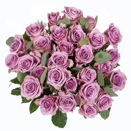 Purple roses in a bouquet with decorative foliage. Flower delivery Latvia.