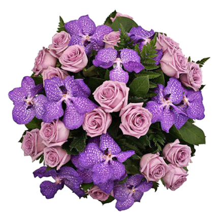Ziedu veikals. Greznajā pušķī zili orhideju ziedi un violetas rozes.
 Ziedu klāsts ir ļoti plašs.