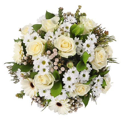 Flowers. Flower bouquet of white roses, white gerberas, white chrysanthemums and decorative foliage.