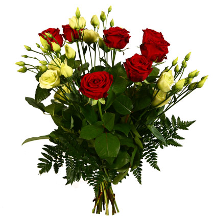 Flower delivery Latvia. Bouquet of 7 red roses, 4 white lisianthus, decorative foliage.