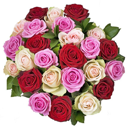 Flower delivery Latvia. 25 roses - red, pink and ivory.