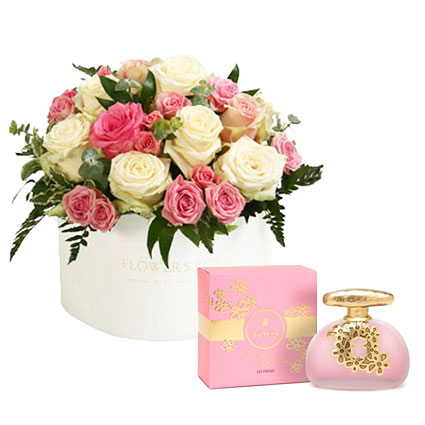 Arrangement of white roses, pink roses, pink spray roses and white lisianthus in a flower box and fragrance TOUS FLORAL TOUCH SO FRESH EDT 100 ml