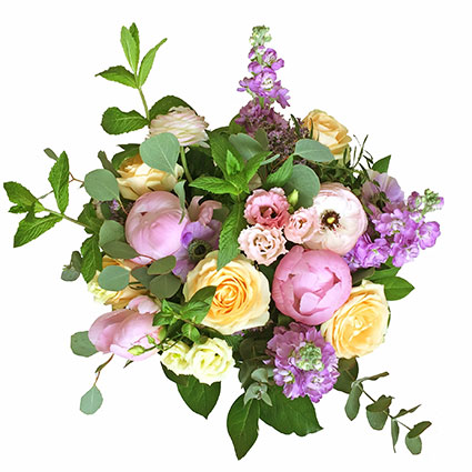 Flowers in Riga. Peonies, roses, matthiola and lisianthus in summer flower bouquet in soft colors.