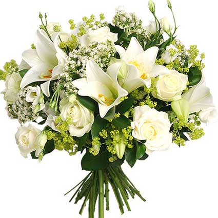 Flower delivery Latvia. Floral bouquet of white lilies, white roses, white lisianthus, baby breath and decorative foliage.