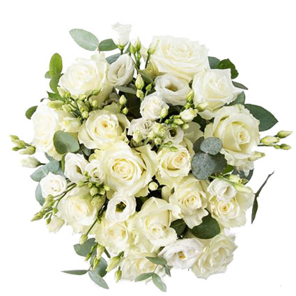 Ziedu pušķis no 15 baltām rozēm un 9 baltām lizantēm ar dekoratīviem eikalipta zariņiem