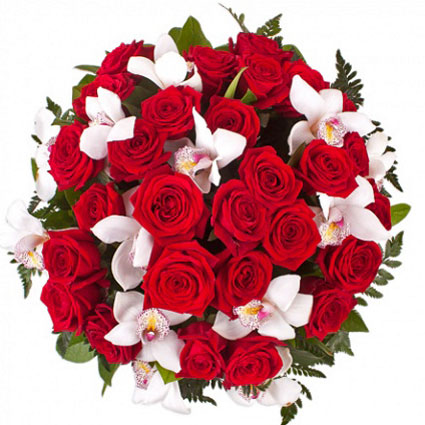 Flower delivery. Magnificent bouquet of 29 red roses and white orchid flowers.