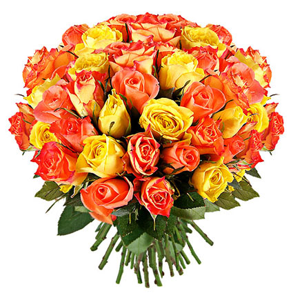 Flowers delivery on-line, Joyful bouquet of orange and yellow roses. Rose stem lenght 50 - 60 cm.