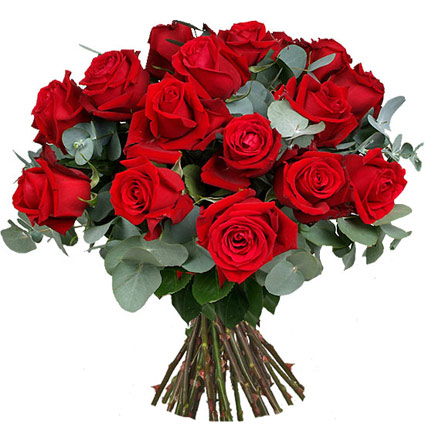 Ziedu pušķis no 15 sarkanām rozēm un dekoratīviem eikalipta zariņiem.