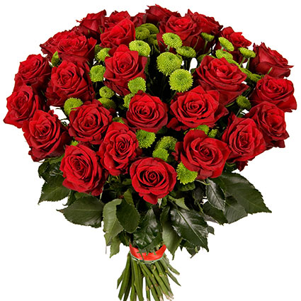 Skaisti ziedu pušķi ar piegādi Rīgā, greznajā pušķī sarkanas rozes un zaļās sīkziedu krizantēmas.