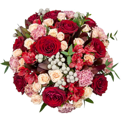 Flower delivery. We use traditional Christmas color accents to create a joyful and festive mood. Mixed bouquet of gorgeous
