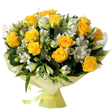 Flowers in Riga. Abundant bouquet of 13 yellow roses and 14 white  alstroemerias in decorative packaging.