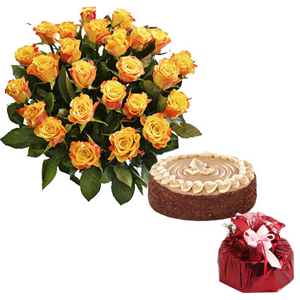 Pasūtīt ziedus un dāvanas ar piegādi Rīgā, oranžas rozes un torte