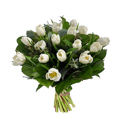 Flower delivery Riga, Flower bouquet of 17 white tulips with refreshing accents of eucalyptus foliage.