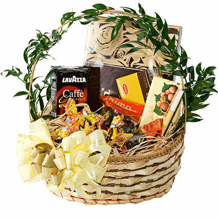 Flowers in Riga. Gift basket consists of coffee Lavazza, chocolate box  Laima Assorti, chocolate bar with
