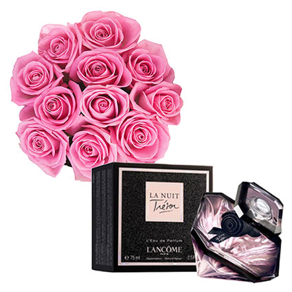 Ziedi un to piegāde. 11 rozā rozes un smaržas sievietēm LANCOME La Nuit Tresor EDP 50 ml. Rožu garums 60 cm.