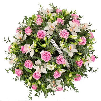 Ziedu veikals. Bagātīgi ziedošs dārzs- kā pasakā.
Kompozīcija grozā ar baltām orhidejām, rozā rozēm, baltām alstromērijām