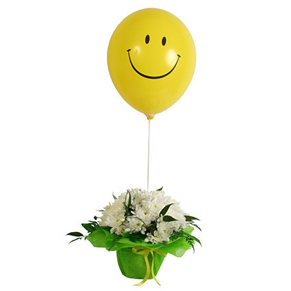 Flowers on-line. White chrysanthemum arrangement in pot with yellow smiley balloon.