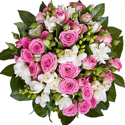 Ziedi Rīga. Ziedu pušķis rozā un baltos toņos. Sastāvs: rozā rozes un krūmrozes,  baltas frēzijas,  baltas alstromērijas,