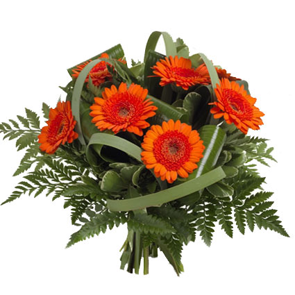 Flowers in Riga. Bouquet of orange-red gerberas and decorative foliage.