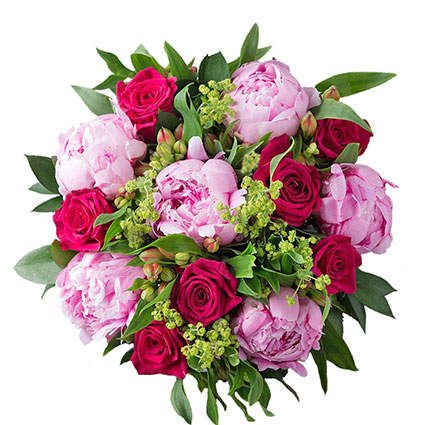 Ziedu piegāde Rīgā. Grezns pušķis no sarkanām rozēm, rozā peonijām un sarkanām alstromērijām, papildināts ar dekoratīviem