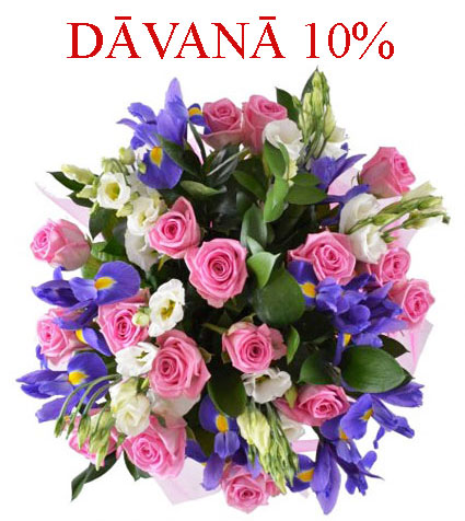 DISCOUNT, Flowers, Rich bouquet of pink roses, blue irises and white lisianthus