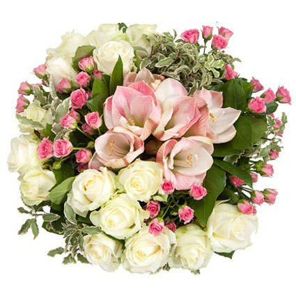 Цветы с курьером. Очаровательный цветочный букет из белых роз,  розовых амариллис
