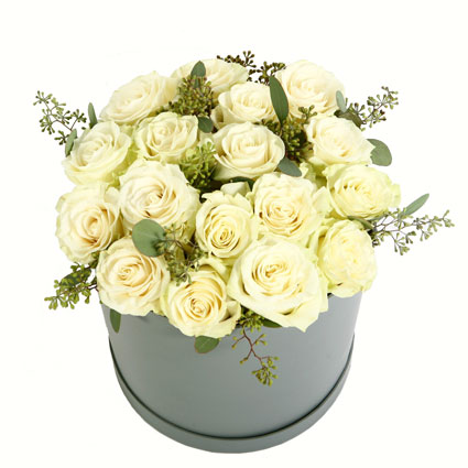 A beautiful arrangement of 17 white roses and dacorative foliage in a round gift box.