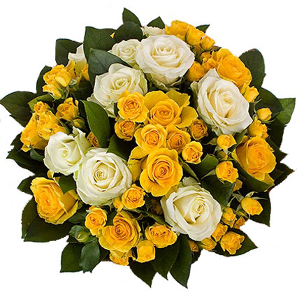 Flowers. Sunny bouquet of white roses, yellow roses, yellow bush roses and ornamental foliage.