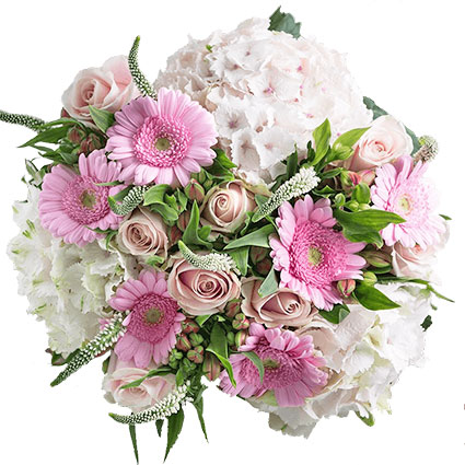 Flowers delivery. Seasonal bouquet of hydrangeas, roses, gerberas, alstromerias and decorative fine flowers.