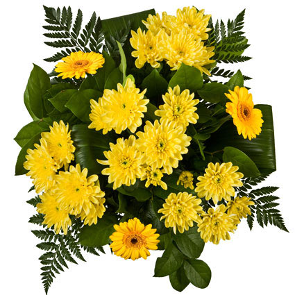 Flowers in Riga. Bouquet of yellow gerberas, yellow chrysanthemums and decoratve foliage.