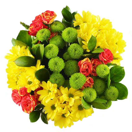 Ziedu piegāde. Spilgti krāsu akcenti pušķī no oranži dzeltenām krūmrozēm, dzeltenām un zaļām krizantēmām.
 Ziedu klāsts ir