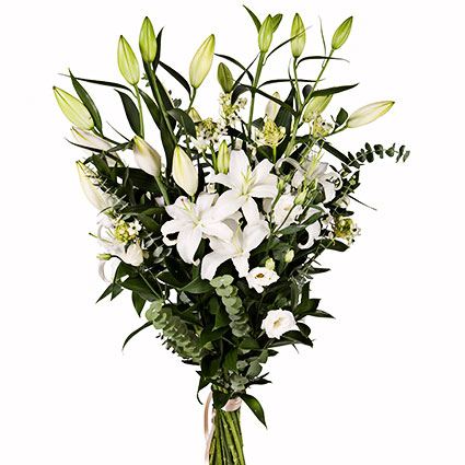 Flowers delivery. Bouquet of white lilies, white lisianthus, and decorative foliage.