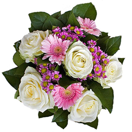 Ziedi ar piegādi. Rotaļīgs ziedu pušķis no baltām rozēm, rozā gerberām un rozā smalkziedu krizantēmām.

Ziedu klāsts ir