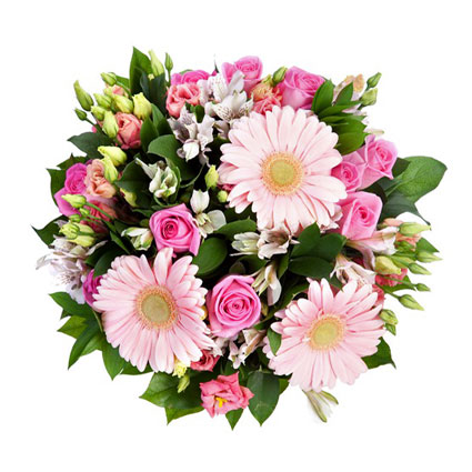 Ziedi ar piegādi. Bagātīgs ziedu pušķis no rozā rozēm, rozā lizantēm, baltām alstromērijām, rozā gerberām un dekoratīviem