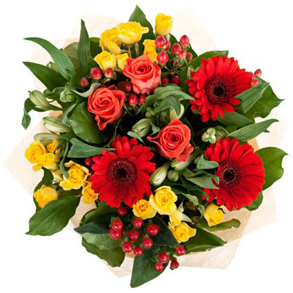 Flowers delivery. Bouquet of red gerberas, yellow spray roses, white alstroemerias, pink roses and red decorative berries.