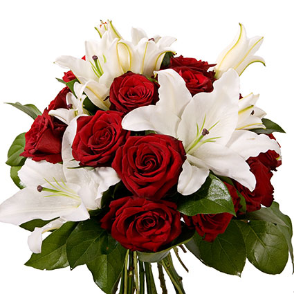 Flower delivery Riga and Latvia, Luxurious bouquet of red roses and white lilies with decorative foliage