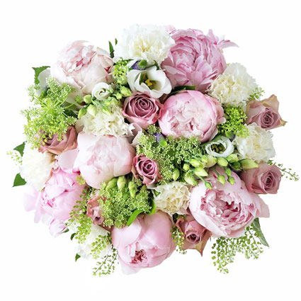 Pink roses and pink peonies with white lisianthus, carnations and decorative seasonal foliage in an elegant flower bouquet.