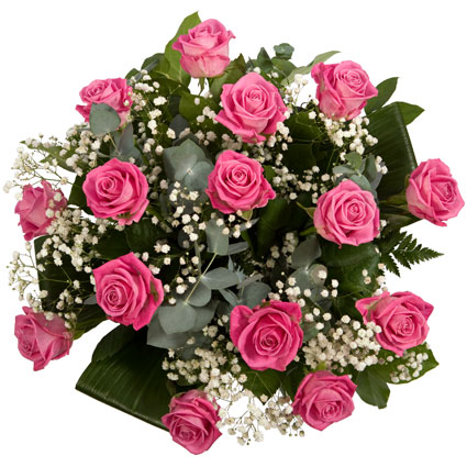 Flowers delivery. 15 pink roses with decorative foliage. Rose stem lenght 50 cm.