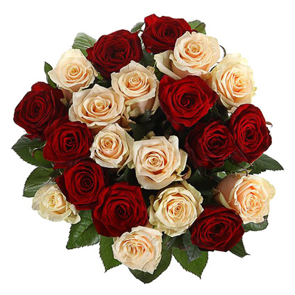 Ziedu pušķī 21 sarkana un kremkrāsas roze.