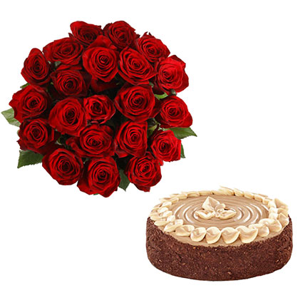 Great gift for birthday, name day, also March 8 or Valentines Day. 15 or 21 red roses and cake "Roko" 750 g.