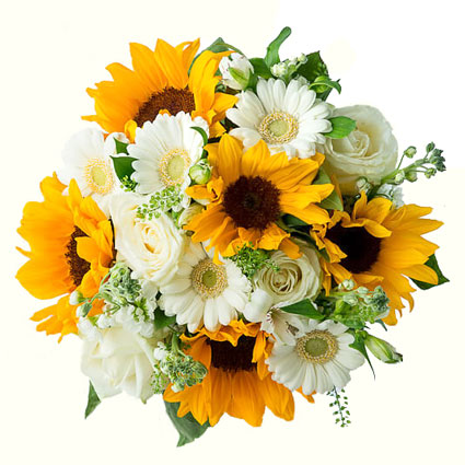Flowers on-line. Bouquet of sunflowers, roses, gerberas, alstroemerias and saesonal decorative foliage.