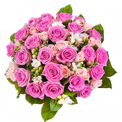 Ziedu piegāde Rīgā. Romantisks un grezns rožu pušķis. Rozā rozes, baltas frēzijas un rozā krūmrozes