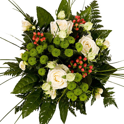 Flower delivery Riga. A lovely bouquet of white roses, white spray roses, green chrysanthemums, decorative berries