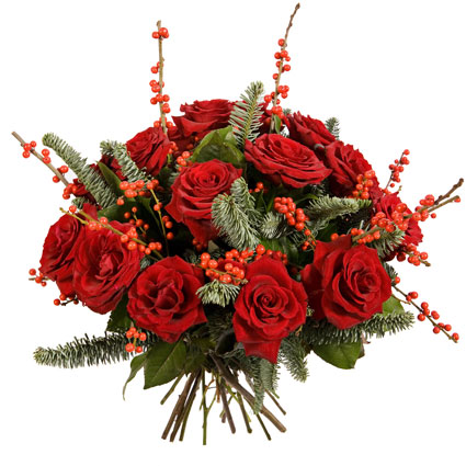 Flower delivery Riga. Bouquet of 15 red roses, decorative berries and decorative foliage.