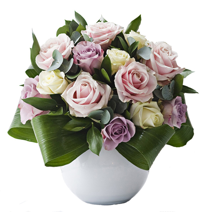 Flowers on-line. Arrangement of white, pink and purple roses.